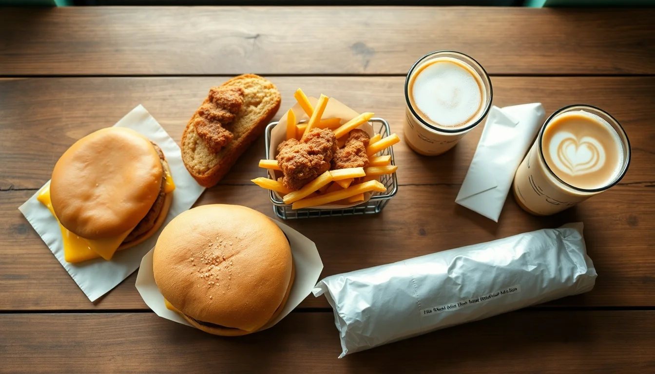 Variety of fast food items — burgers, crispy chicken, fries, foil-wrapped burrito, and iced lattes — arranged on a wood table